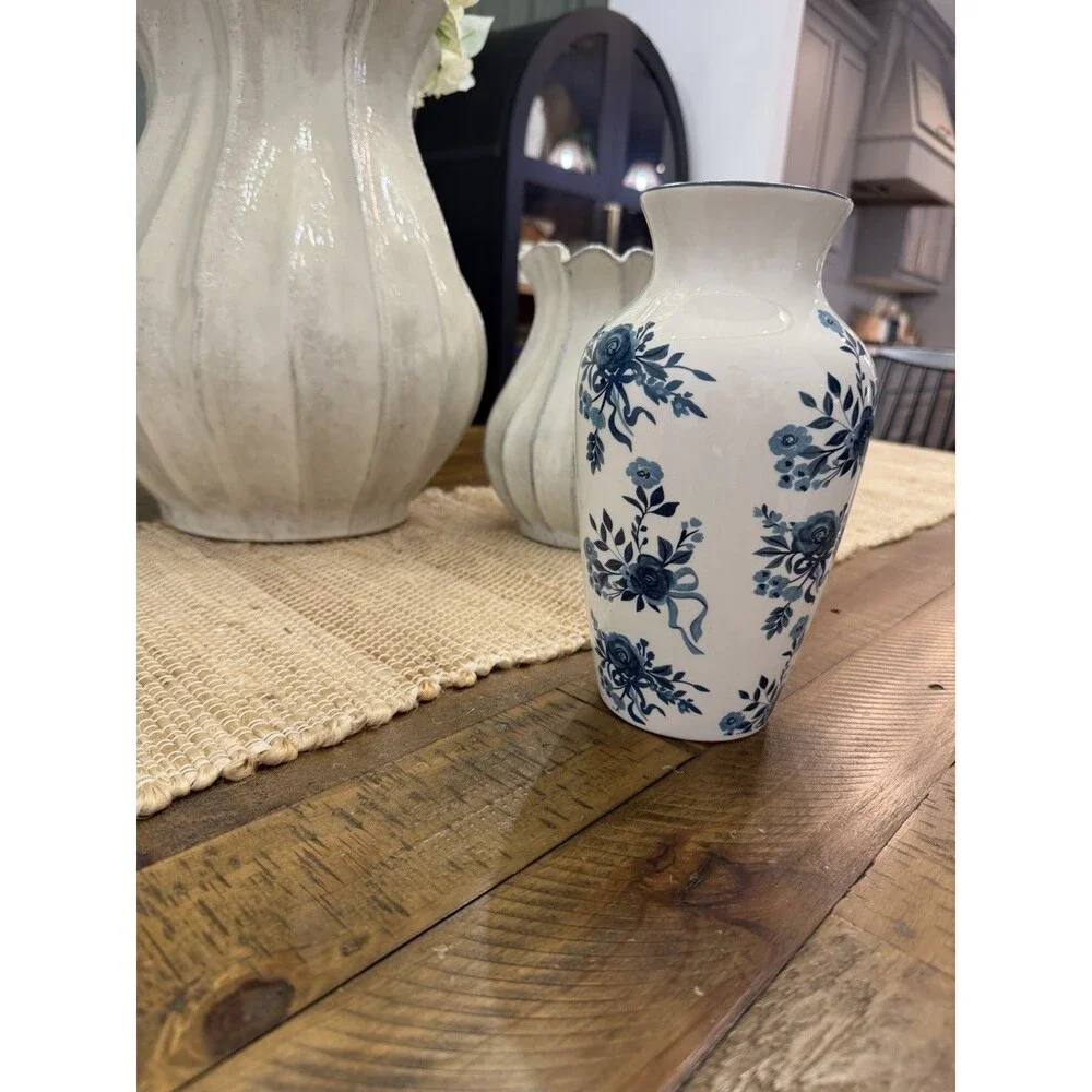 Blue White Floral Ceramic Vase Chinoiserie Spring Home Decor 9” NEW
